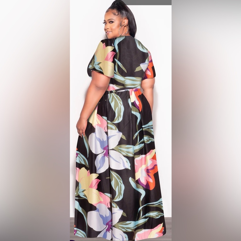 Pre-Loved Faux Wrap Crop Tie Top & Skirt) Set In Black Multi Color Floral Print - Picture 3 of 4
